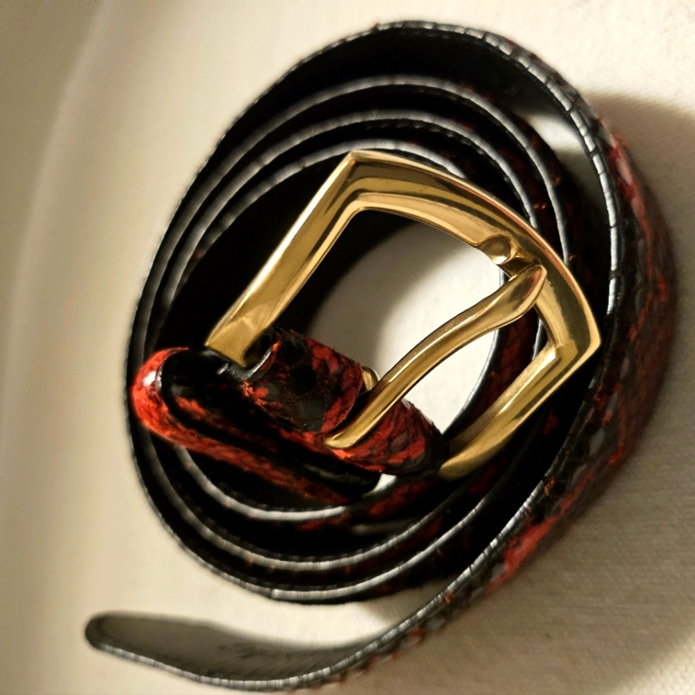 Supreme Belt, Red and Black, Faux Snakeskin Leather, Gold Buckle